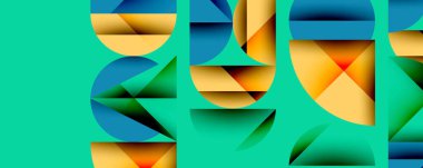 Katmanlı gradyan şekilli soyut geometrik arkaplan dinamik desenler oluşturuyor. Üst üste binen yarı daireler ve üçgenler derinlik ve karşıtlık yaratır