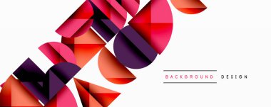 Katmanlı gradyan şekilli soyut geometrik arkaplan dinamik desenler oluşturuyor. Üst üste binen yarı daireler ve üçgenler derinlik ve karşıtlık yaratır