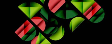 Katmanlı gradyan şekilli soyut geometrik arkaplan dinamik desenler oluşturuyor. Üst üste binen yarı daireler ve üçgenler derinlik ve karşıtlık yaratır