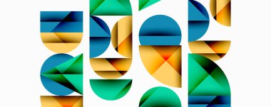 Katmanlı gradyan şekilli soyut geometrik arkaplan dinamik desenler oluşturuyor. Üst üste binen yarı daireler ve üçgenler derinlik ve karşıtlık yaratır