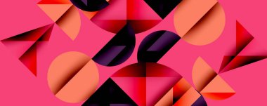 Katmanlı gradyan şekilli soyut geometrik arkaplan dinamik desenler oluşturuyor. Üst üste binen yarı daireler ve üçgenler derinlik ve karşıtlık yaratır