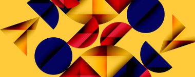 Çemberler ve üçgenlerin kesiştiği soyut geometrik desen. Yüksek kontrastlı kompozisyon derinlik yaratır ve dinamik, modern estetik