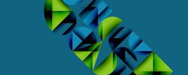 Çemberler ve üçgenlerin kesiştiği soyut geometrik desen. Yüksek kontrastlı kompozisyon derinlik yaratır ve dinamik, modern estetik