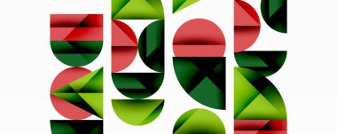 Katmanlı gradyan şekilli soyut geometrik arkaplan dinamik desenler oluşturuyor. Üst üste binen yarı daireler ve üçgenler derinlik ve karşıtlık yaratır