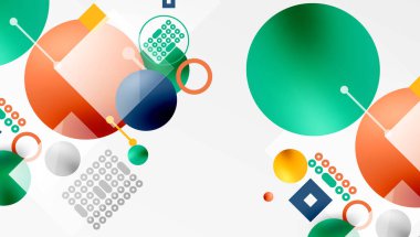 Minimalist soyut vektör tasarımı, katmanlı geometrik şekiller daireler, kareler ve yumuşak pastel eğimli üçgenler ve yarı şeffaf efektler. Çağdaş kullanım için mükemmel