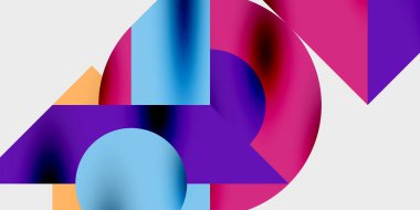 Dinamik geometrik bir kompozisyonda daireler, çizgiler ve üçgenler içeren modern soyut bir arkaplan. Tarz, teknoloji veya yaratıcı temalı tasarımlar için mükemmel.