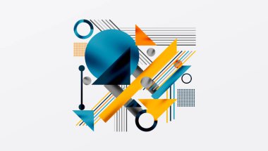 Kalın Şekiller ve Karşıt Renklerle Geometrik Soyut Arkaplan. Çemberler, üçgenler, kareler ve çizgiler gölge etkisiyle