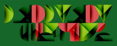 Katmanlı gradyan şekilli soyut geometrik arkaplan dinamik desenler oluşturuyor. Üst üste binen yarı daireler ve üçgenler derinlik ve karşıtlık yaratır