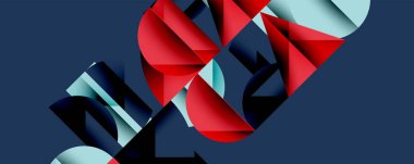 Katmanlı gradyan şekilli soyut geometrik arkaplan dinamik desenler oluşturuyor. Üst üste binen yarı daireler ve üçgenler derinlik ve karşıtlık yaratır