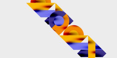 Dairelerin, yarım dairelerin ve parlak efektli ve düzgün eğimli üçgenlerin detaylı bileşimi. Yaratıcı ve teknolojiden ilham alan projeler için parlak ve modern bir vektör tasarımı