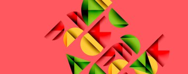 Katmanlı gradyan şekilli soyut geometrik arkaplan dinamik desenler oluşturuyor. Üst üste binen yarı daireler ve üçgenler derinlik ve karşıtlık yaratır