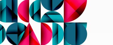 Katmanlı gradyan şekilli soyut geometrik arkaplan dinamik desenler oluşturuyor. Üst üste binen yarı daireler ve üçgenler derinlik ve karşıtlık yaratır