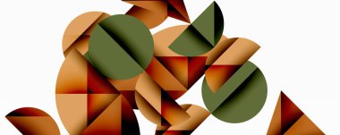 Katmanlı gradyan şekilli soyut geometrik arkaplan dinamik desenler oluşturuyor. Üst üste binen yarı daireler ve üçgenler derinlik ve karşıtlık yaratır