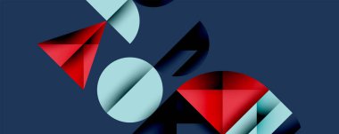 Katmanlı gradyan şekilli soyut geometrik arkaplan dinamik desenler oluşturuyor. Üst üste binen yarı daireler ve üçgenler derinlik ve karşıtlık yaratır