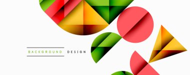 Katmanlı gradyan şekilli soyut geometrik arkaplan dinamik desenler oluşturuyor. Üst üste binen yarı daireler ve üçgenler derinlik ve karşıtlık yaratır