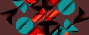 Katmanlı gradyan şekilli soyut geometrik arkaplan dinamik desenler oluşturuyor. Üst üste binen yarı daireler ve üçgenler derinlik ve karşıtlık yaratır