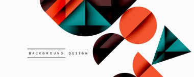 Katmanlı gradyan şekilli soyut geometrik arkaplan dinamik desenler oluşturuyor. Üst üste binen yarı daireler ve üçgenler derinlik ve karşıtlık yaratır