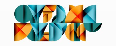 Katmanlı gradyan şekilli soyut geometrik arkaplan dinamik desenler oluşturuyor. Üst üste binen yarı daireler ve üçgenler derinlik ve karşıtlık yaratır