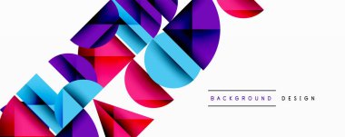 Katmanlı gradyan şekilli soyut geometrik arkaplan dinamik desenler oluşturuyor. Üst üste binen yarı daireler ve üçgenler derinlik ve karşıtlık yaratır