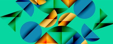 Katmanlı gradyan şekilli soyut geometrik arkaplan dinamik desenler oluşturuyor. Üst üste binen yarı daireler ve üçgenler derinlik ve karşıtlık yaratır