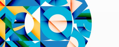 Birbirine kenetlenmiş dairesel ve açısal şekillerle soyut geometrik bileşim, pürüzsüz gradyanlar ve beyaz arkaplan üzerinde keskin karşıtlıklar