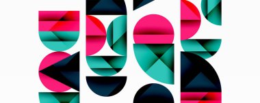 Çemberler ve üçgenlerin kesiştiği soyut geometrik desen. Yüksek kontrastlı kompozisyon derinlik yaratır ve dinamik, modern estetik