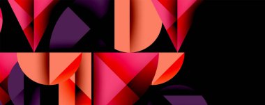 Katmanlı gradyan şekilli soyut geometrik arkaplan dinamik desenler oluşturuyor. Üst üste binen yarı daireler ve üçgenler derinlik ve karşıtlık yaratır