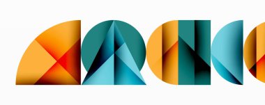 Katmanlı gradyan şekilli soyut geometrik arkaplan dinamik desenler oluşturuyor. Üst üste binen yarı daireler ve üçgenler derinlik ve karşıtlık yaratır