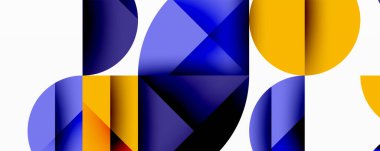 Katmanlı gradyan şekilli soyut geometrik arkaplan dinamik desenler oluşturuyor. Üst üste binen yarı daireler ve üçgenler derinlik ve karşıtlık yaratır