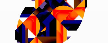 Birbirine kenetlenmiş dairesel ve açısal şekillerle soyut geometrik bileşim, pürüzsüz gradyanlar ve beyaz arkaplan üzerinde keskin karşıtlıklar