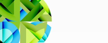 Birbirine kenetlenmiş dairesel ve açısal şekillerle soyut geometrik bileşim, pürüzsüz gradyanlar ve beyaz arkaplan üzerinde keskin karşıtlıklar