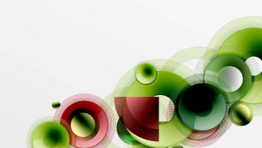 Üst üste binen daireler, parlak renkler ve pürüzsüz gradyanlarla gösterişli vektör tasarımı. Derinliği, simetrisi ve hafif arkaplanda minimalist zarafeti olan dinamik kompozisyon