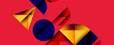 Çemberler ve üçgenlerin kesiştiği soyut geometrik desen. Yüksek kontrastlı kompozisyon derinlik yaratır ve dinamik, modern estetik