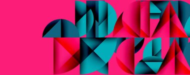 Katmanlı gradyan şekilli soyut geometrik arkaplan dinamik desenler oluşturuyor. Üst üste binen yarı daireler ve üçgenler derinlik ve karşıtlık yaratır