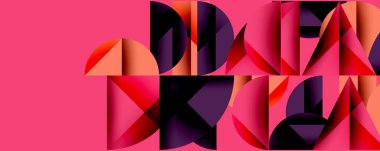 Katmanlı gradyan şekilli soyut geometrik arkaplan dinamik desenler oluşturuyor. Üst üste binen yarı daireler ve üçgenler derinlik ve karşıtlık yaratır