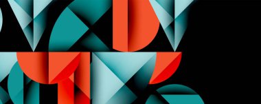 Çemberler ve üçgenlerin kesiştiği soyut geometrik desen. Yüksek kontrastlı kompozisyon derinlik yaratır ve dinamik, modern estetik