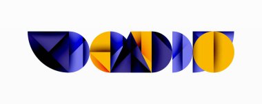 Katmanlı gradyan şekilli soyut geometrik arkaplan dinamik desenler oluşturuyor. Üst üste binen yarı daireler ve üçgenler derinlik ve karşıtlık yaratır