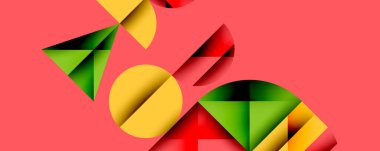 Katmanlı gradyan şekilli soyut geometrik arkaplan dinamik desenler oluşturuyor. Üst üste binen yarı daireler ve üçgenler derinlik ve karşıtlık yaratır