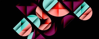 Katmanlı gradyan şekilli soyut geometrik arkaplan dinamik desenler oluşturuyor. Üst üste binen yarı daireler ve üçgenler derinlik ve karşıtlık yaratır