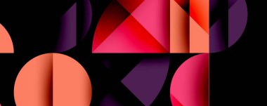 Katmanlı gradyan şekilli soyut geometrik arkaplan dinamik desenler oluşturuyor. Üst üste binen yarı daireler ve üçgenler derinlik ve karşıtlık yaratır