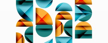 Katmanlı gradyan şekilli soyut geometrik arkaplan dinamik desenler oluşturuyor. Üst üste binen yarı daireler ve üçgenler derinlik ve karşıtlık yaratır