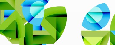 Birbirine kenetlenmiş dairesel ve açısal şekillerle soyut geometrik bileşim, pürüzsüz gradyanlar ve beyaz arkaplan üzerinde keskin karşıtlıklar