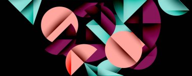 Katmanlı gradyan şekilli soyut geometrik arkaplan dinamik desenler oluşturuyor. Üst üste binen yarı daireler ve üçgenler derinlik ve karşıtlık yaratır