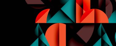 Katmanlı gradyan şekilli soyut geometrik arkaplan dinamik desenler oluşturuyor. Üst üste binen yarı daireler ve üçgenler derinlik ve karşıtlık yaratır