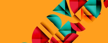 Katmanlı gradyan şekilli soyut geometrik arkaplan dinamik desenler oluşturuyor. Üst üste binen yarı daireler ve üçgenler derinlik ve karşıtlık yaratır