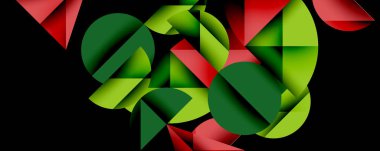 Katmanlı gradyan şekilli soyut geometrik arkaplan dinamik desenler oluşturuyor. Üst üste binen yarı daireler ve üçgenler derinlik ve karşıtlık yaratır