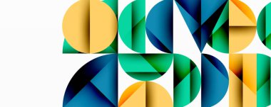 Katmanlı gradyan şekilli soyut geometrik arkaplan dinamik desenler oluşturuyor. Üst üste binen yarı daireler ve üçgenler derinlik ve karşıtlık yaratır