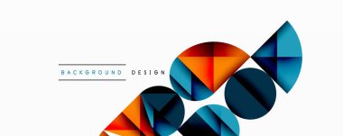 Katmanlı gradyan şekilli soyut geometrik arkaplan dinamik desenler oluşturuyor. Üst üste binen yarı daireler ve üçgenler derinlik ve karşıtlık yaratır