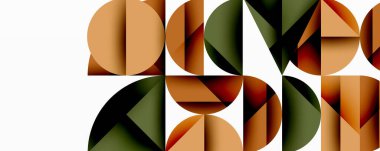 Katmanlı gradyan şekilli soyut geometrik arkaplan dinamik desenler oluşturuyor. Üst üste binen yarı daireler ve üçgenler derinlik ve karşıtlık yaratır