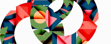 Birbirine kenetlenmiş dairesel ve açısal şekillerle soyut geometrik bileşim, pürüzsüz gradyanlar ve beyaz arkaplan üzerinde keskin karşıtlıklar